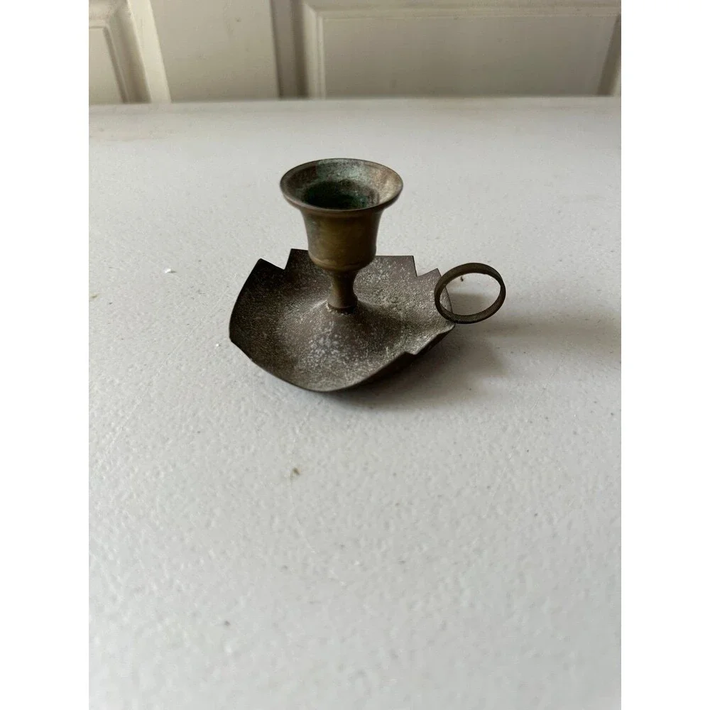 Vintage Solid Brass Finger Ring Handle Drip Tray Chamberstick Candle Holder
